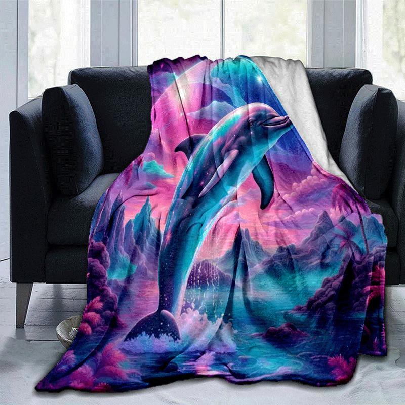 1pc Dolphin Printing Lightweight Flannel Blanket, Comfortable and Warm Blanket, for Camping Sofa Bed and Couch Office, Gift