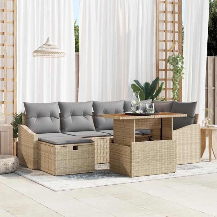 VidaXL Ensemble de canapé de jardin 7 pièces avec coussins Beige Poly Rotin 3361357