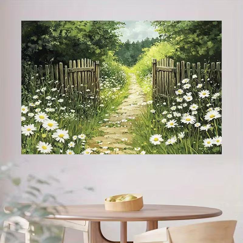 Country Garden Path Tapestry, Rustic Wooden Gate with Daisies Background Cloth, for Farmhouse and Cottage Home Decor