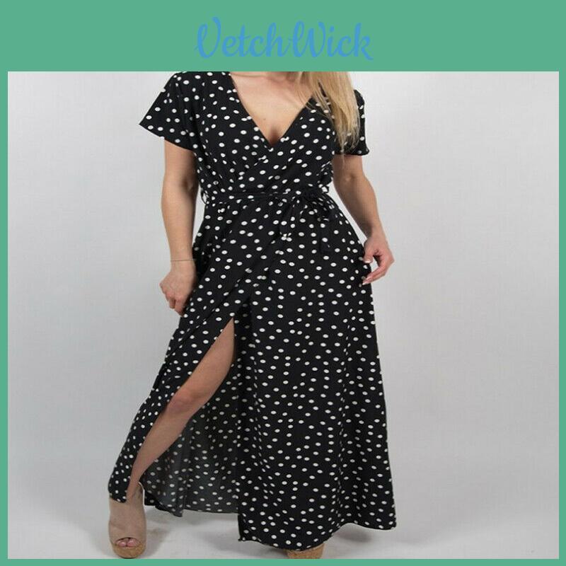 Stylish Womens Holiday Polka Dots Slit Maxi Dress Perfect For Summer Beach Outings