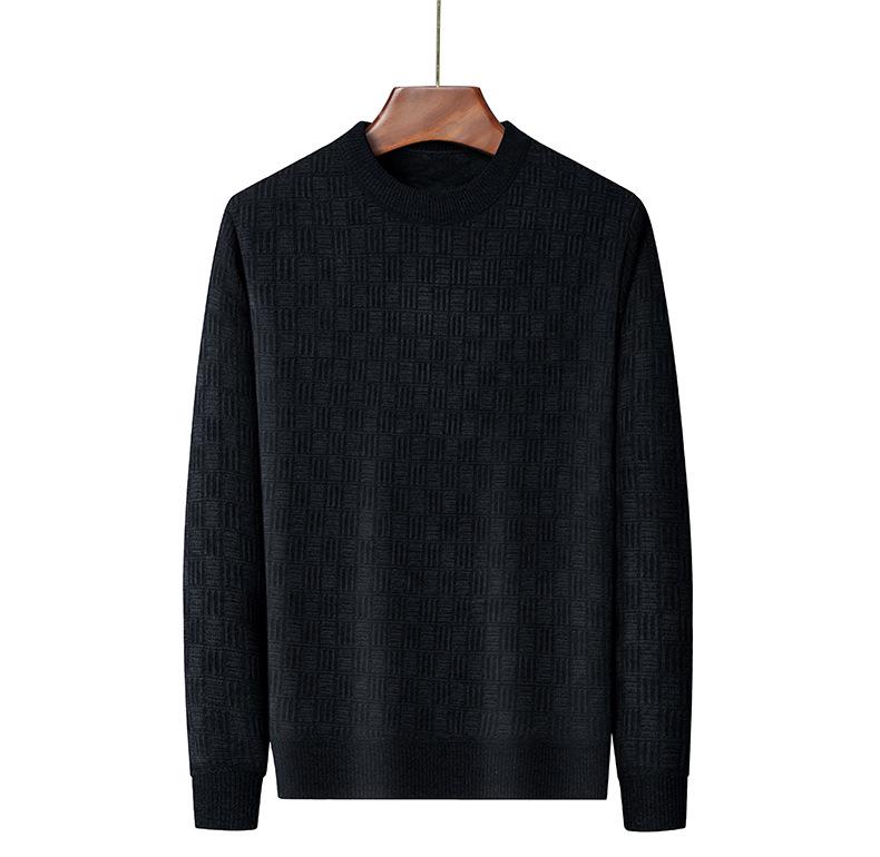Men's Fleece-lined Jacquard Sweater - Winter Warmth, Round Neck Solid Color Knitwear.