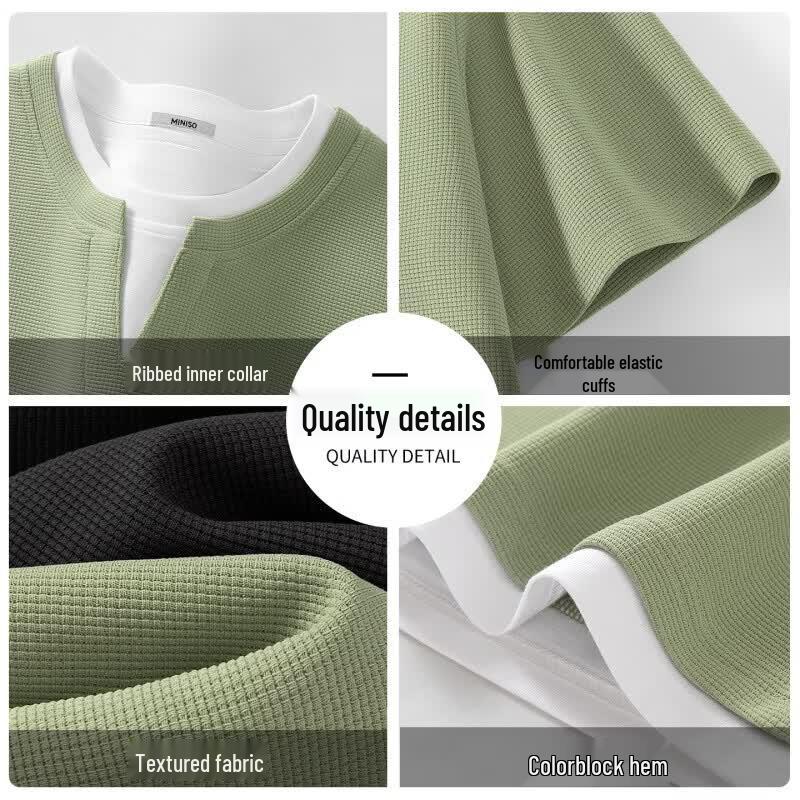 MINISO Men's Waffle Knit Fake Two-Piece Short Sleeve T-Shirt