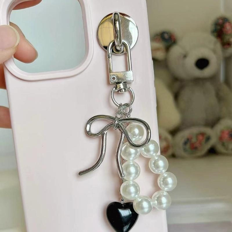 Sweet Bowknot Heart Pearls Keychain Pendant Lovely Hangings Decorations Keyring Charm for Purse Bag Backpack Handbag