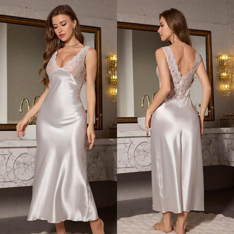European American Luxury Sexy Nightgown Lace Trim Spaghetti Strap Slim Fit Elegant Long Sleepshirt for Crossborder Nightwear