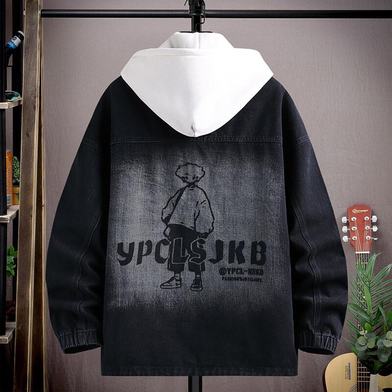 Denim Jacket Men Junior High School Student Autumn Teen Hooded Trendy Breastband Top Large Children's Coat