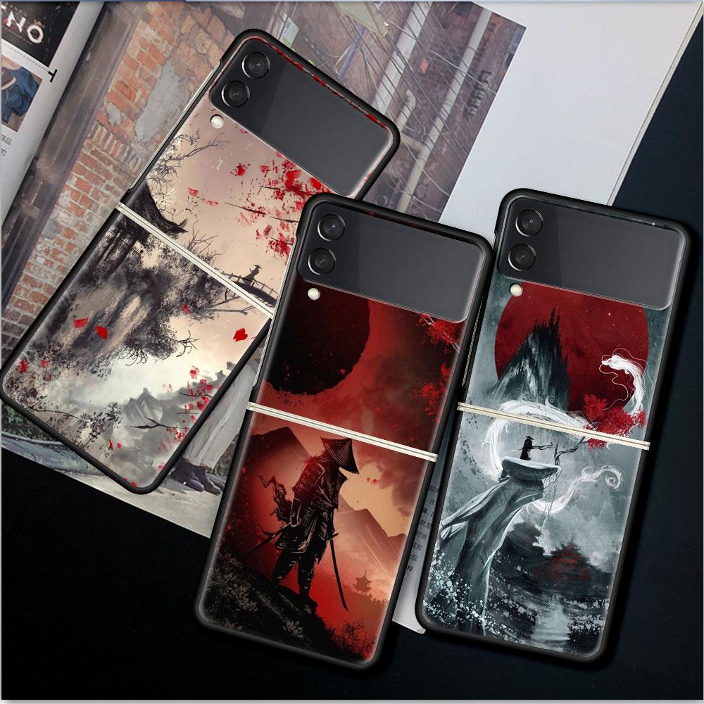 Case For Samsung Galaxy Z Flip 3 4 5G Black Hard PC Phone Housing Z Flip4 Segmented Cover Landscape Ink Painting Japan Samurai