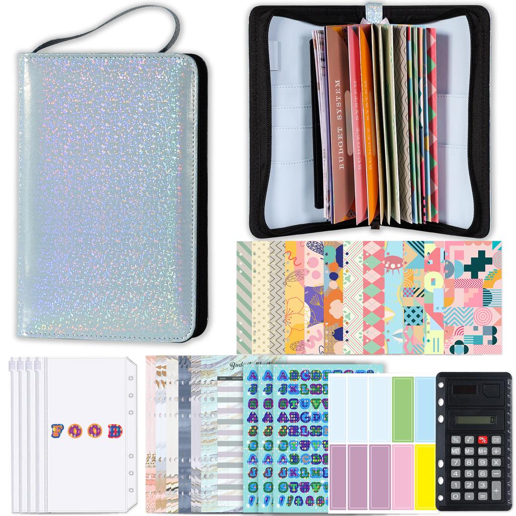 A6 Glitter Hand Zip Tasche Loseblatt-Binder Notizbuch mit 12 Stück Umschlag Tasche Notizbuch Planer Büro Schreibwaren