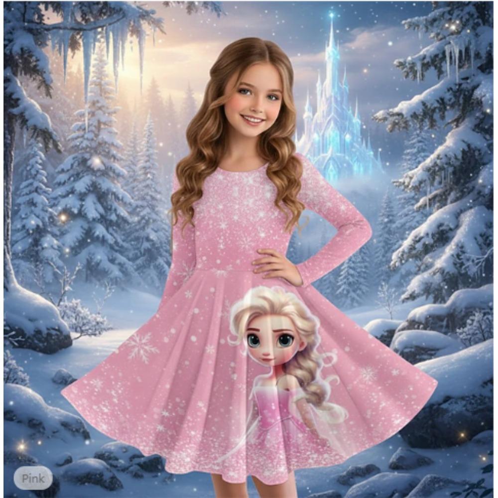 Girl Casual 3D Ice Girl Print Round Neck Long Sleeve Dress Kid Princess Dress 80