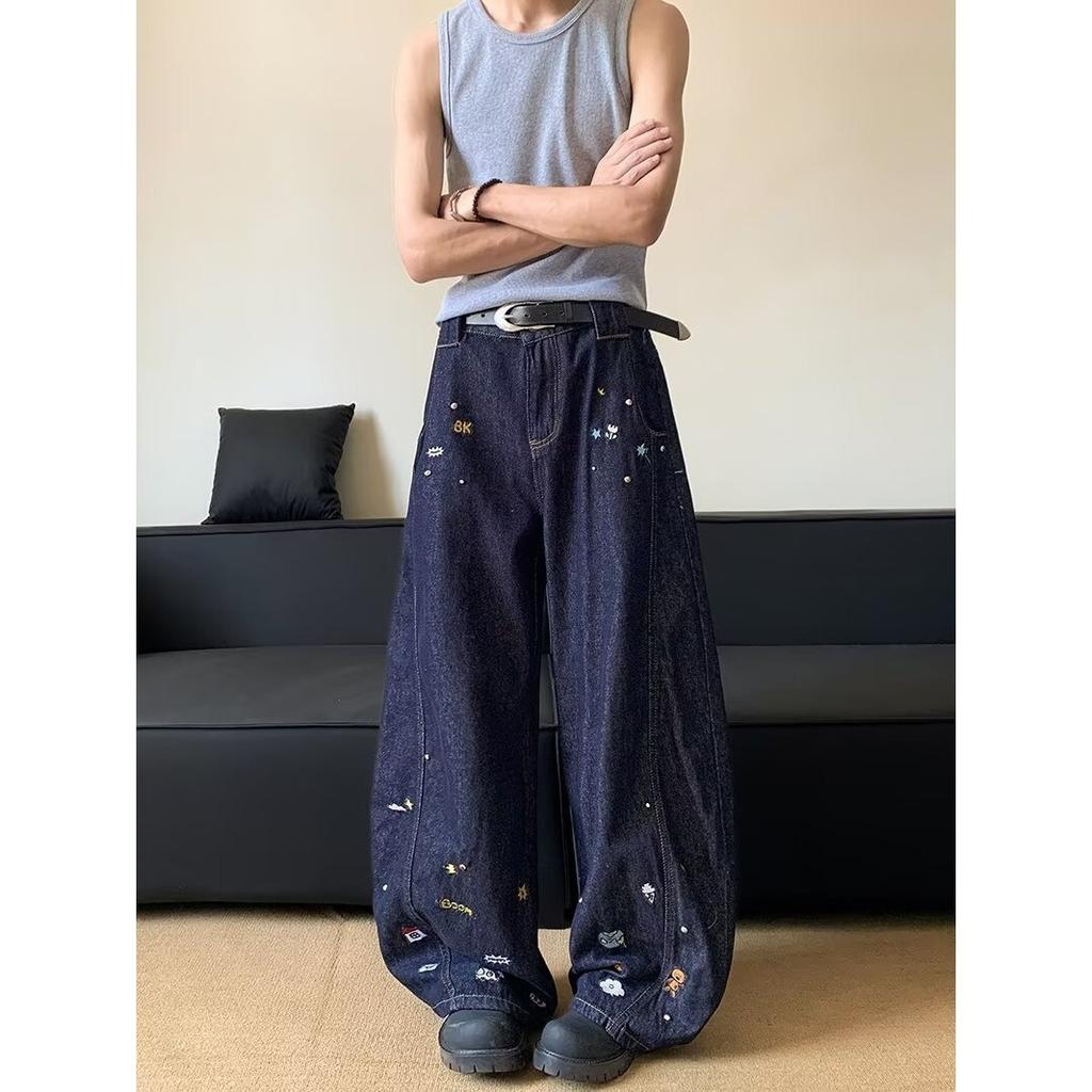 Men's Mid Rise Washed Cat Whisker Barrel Jeans Loose Wide Leg Denim Pants American Vintage High Street Y2K Casual Four Seasons Long Trousers