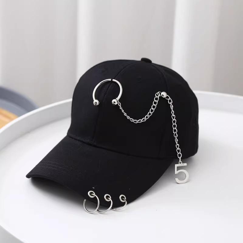 Women's Spring Summer Korean Style Baseball Cap with Ring Sunscreen Anti-UV Metal Baseball Caps Hip Hop Street Dance Style Kpop