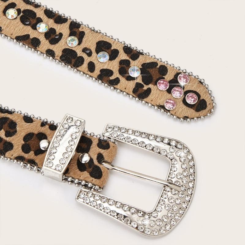 Leopards Print Rhinestones Belt With Pin Buckles for Women and Men Soft PU Adjustable Waistband