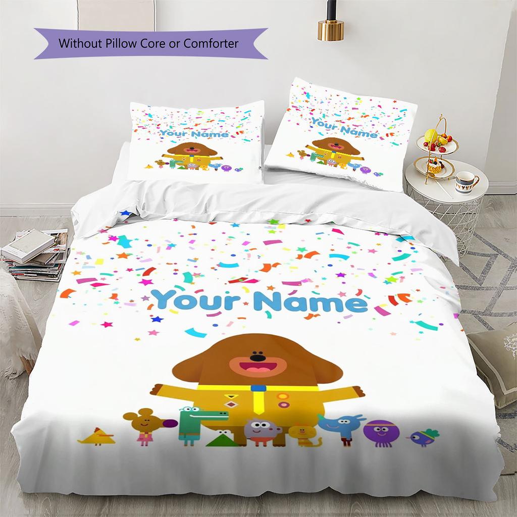 Hey Duggee Custom Name Pattern Bedding,Quilt Set Quilt Cover Pillowcase Home Birthday Gift(1 * duvet cover + 2 * pillowcase, without core)
