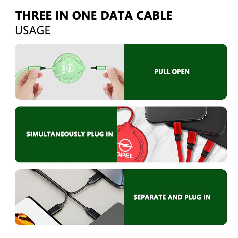 Car 3 In 1 Retractable Micro Data Wire USB Type C Fast Charging Cable For Opel ADAM ASTRA J K CORSA E INSIGNIA MOKKA VIVA Meriva