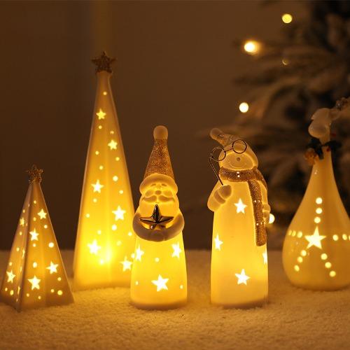 LED Light-up Decor for Christmas, Mini Ceramic Snowman Santa Reindeer Ornament