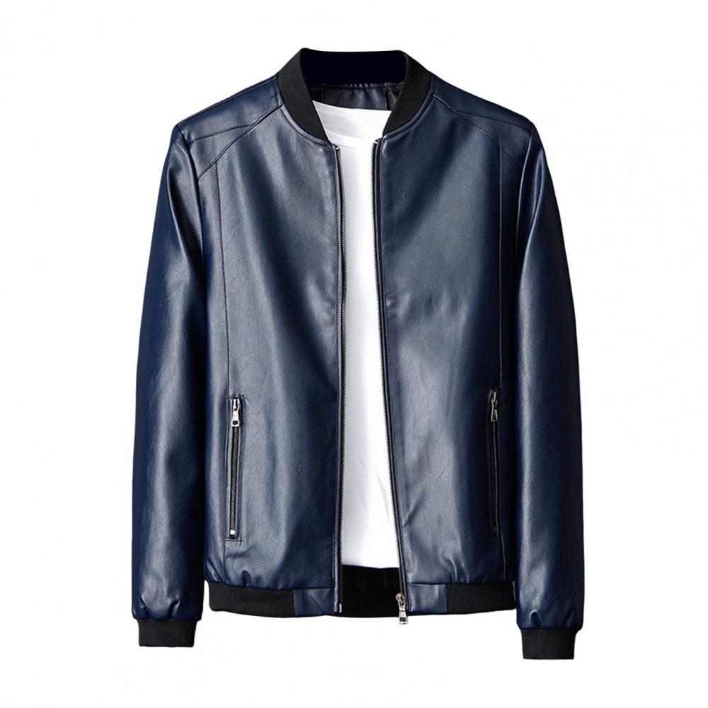 Męski Stojak na Płaszcze Kołnierz Stojący Długi Rękaw Kurtka ze Sztucznej Skóry z Kieszeniami Jednolity Kolor Elastyczny Dół Kurtka Motocyklowa