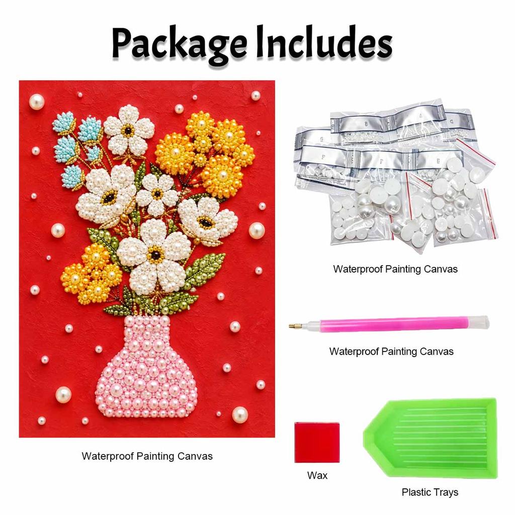 Colorful Flower Vase Floral Bouquet 5D Pearl Painting Kit with Frame DIY Sparkling Bead Canvas Art Relaxing Craft for Girls Room Decor