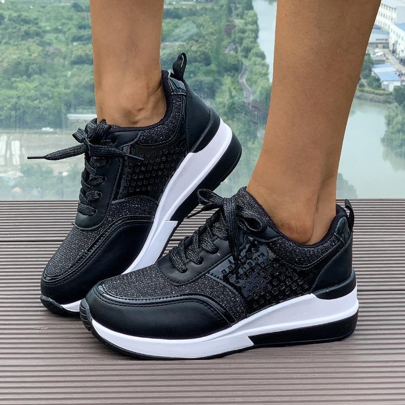 Women's slope heel platform sneakers large size breathable sequins round head lace-up spring and autumn new casual sneakers