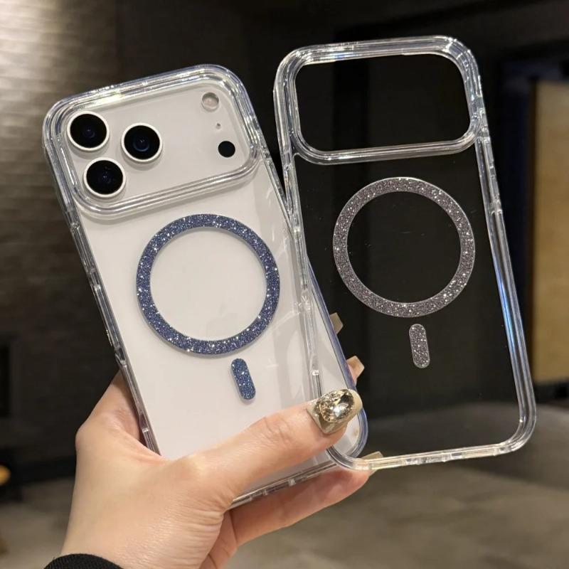 Transparent Glitter Magnetic Armor Case for iPhone 17 Air 16 15 14 Plus 13 12 11 Pro Max For Magsafe Original Shiny Bumper Cover