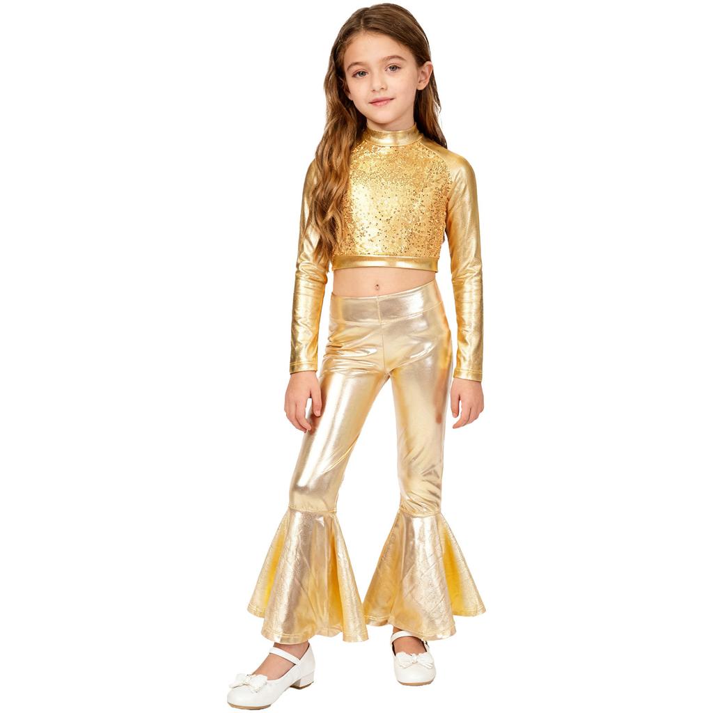 Dívčí kostým na jazzový tanec s rolákem, dlouhým rukávem, vpředu s flitry, metalický zkrácený top, zvonové lesklé kalhoty, sada