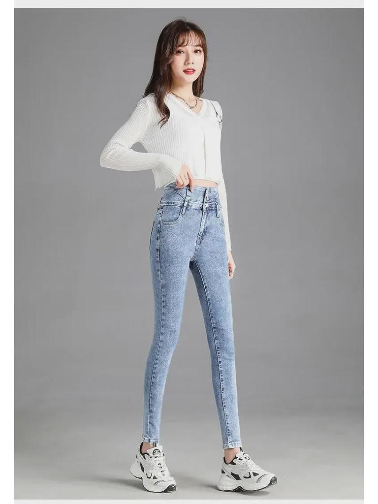 Damen High Waist Slimming Skinny Jeans mit Drei Knöpfen, Elastische Passform, Herbst & Winter Neun-Punkt-Stil