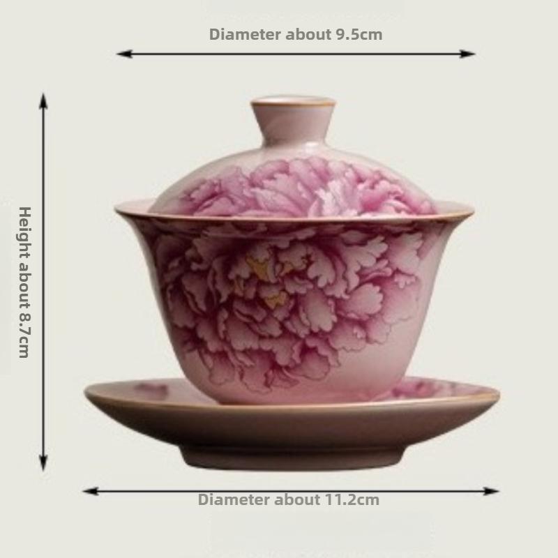 Pink Ru Kiln Peony Sancai Gaiwan Kung Fu Tea Set Tea Bowl Household Ceramic Chinese Tea Bowl