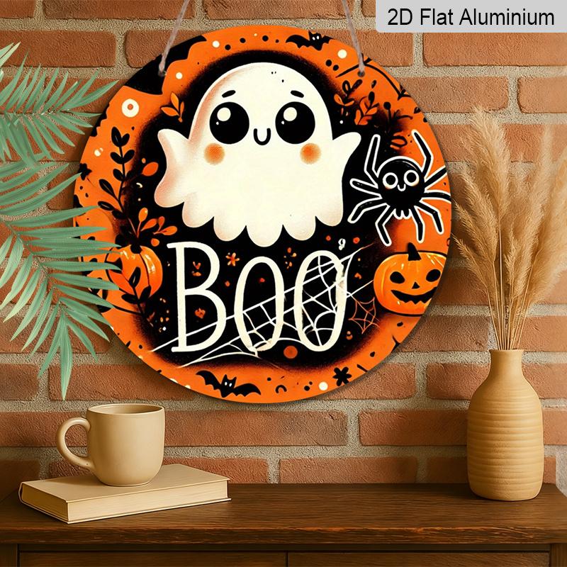 2D Flat, 1pc Halloween Ghost Aluminum Ornament, Circular Wall Craft, Suitable for Wreath Center, Wall And Room Decor - Durable, Easy-To-Clean Holiday