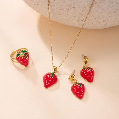 Stainless Steel Necklace, Strawberry Cherry Stud Earrings, Fresh, Titanium Steel Ring