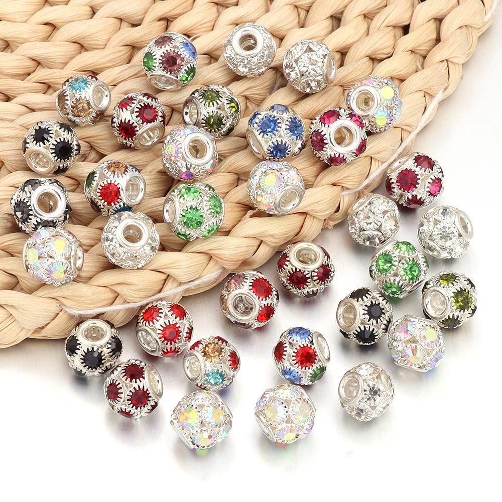 5pcs/lot Metal Beads With Colorful Rhinestones Big Hole Loose Spacer Beads For DIY Fashion Bracelet Necklace Jewelry Accessories