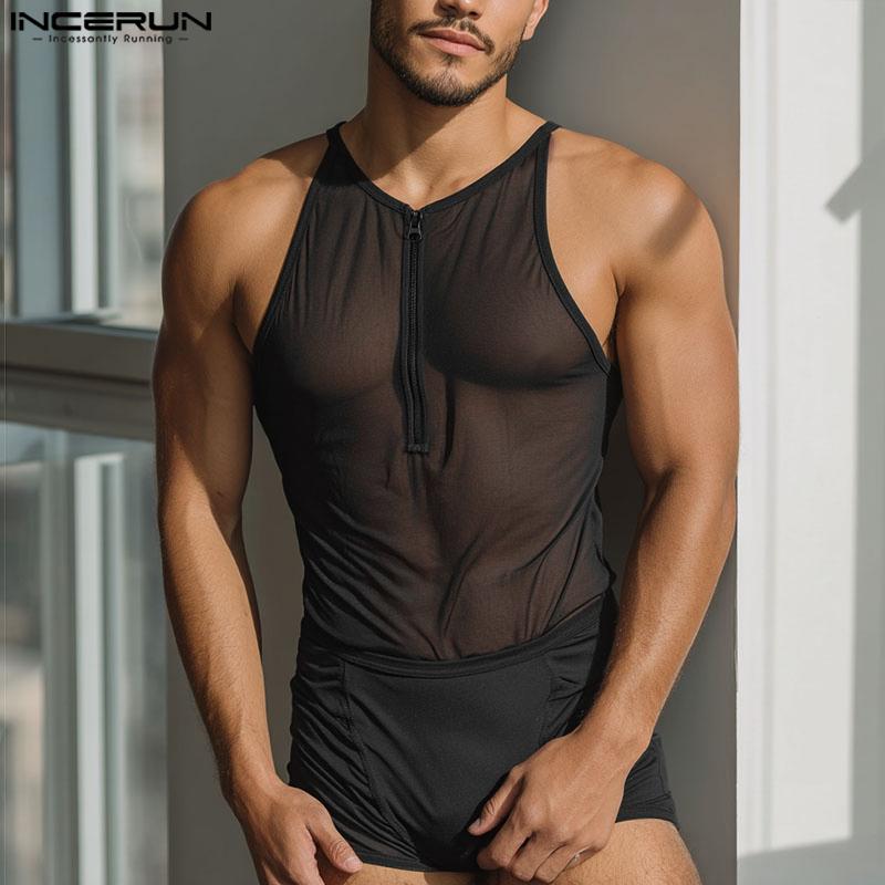INCERUN Men Sleeveless See Through Mesh Sheer Jumpsuits Underwear Playsuits