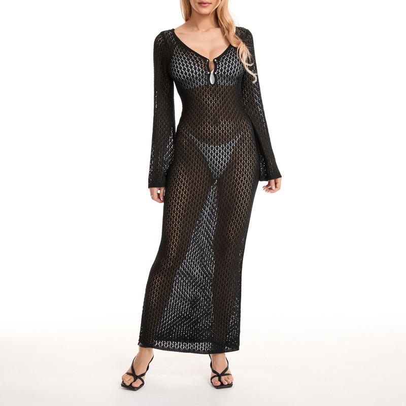 Sexy Women Long Knit Beach Dress Hollow-Out Deep V-Neck Long Sleeve Bikini Cover-Ups Dress Fall Backless Holiday Dress