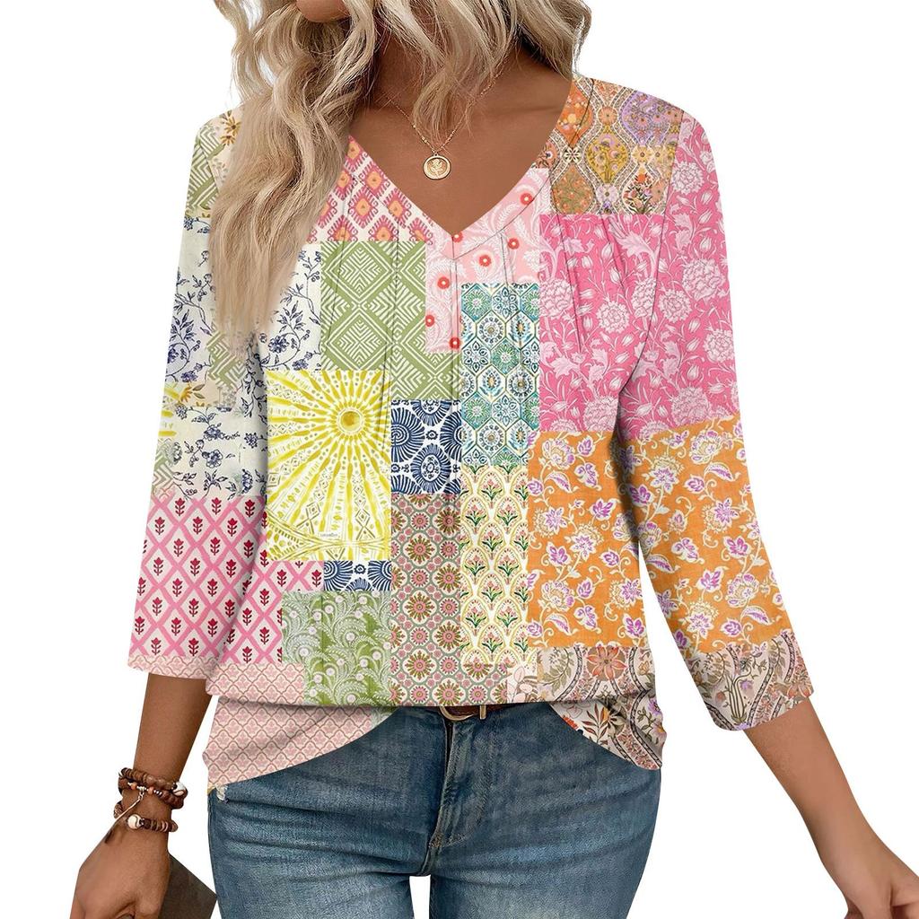 Women's Casual Tops V Neck Pull Stripe Prints Seven Sleeve Tops