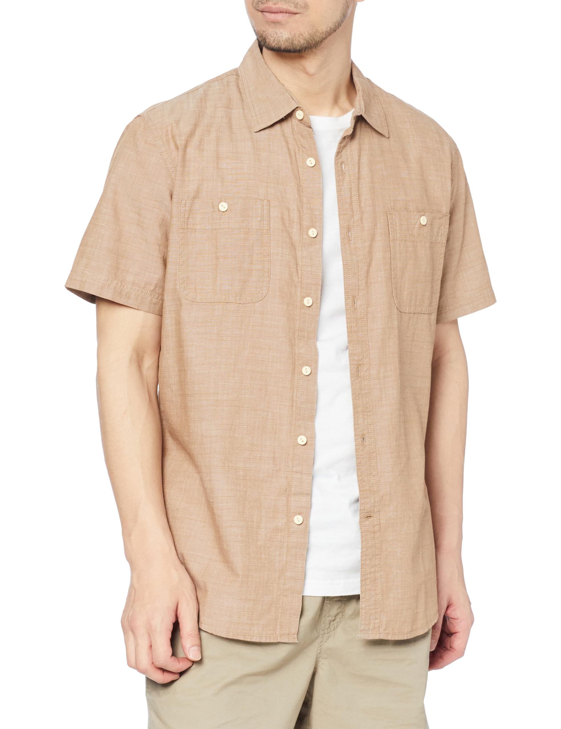 

Amazon Essentials Men s Short Sleeve Chambray Shirt, Tan, Size M