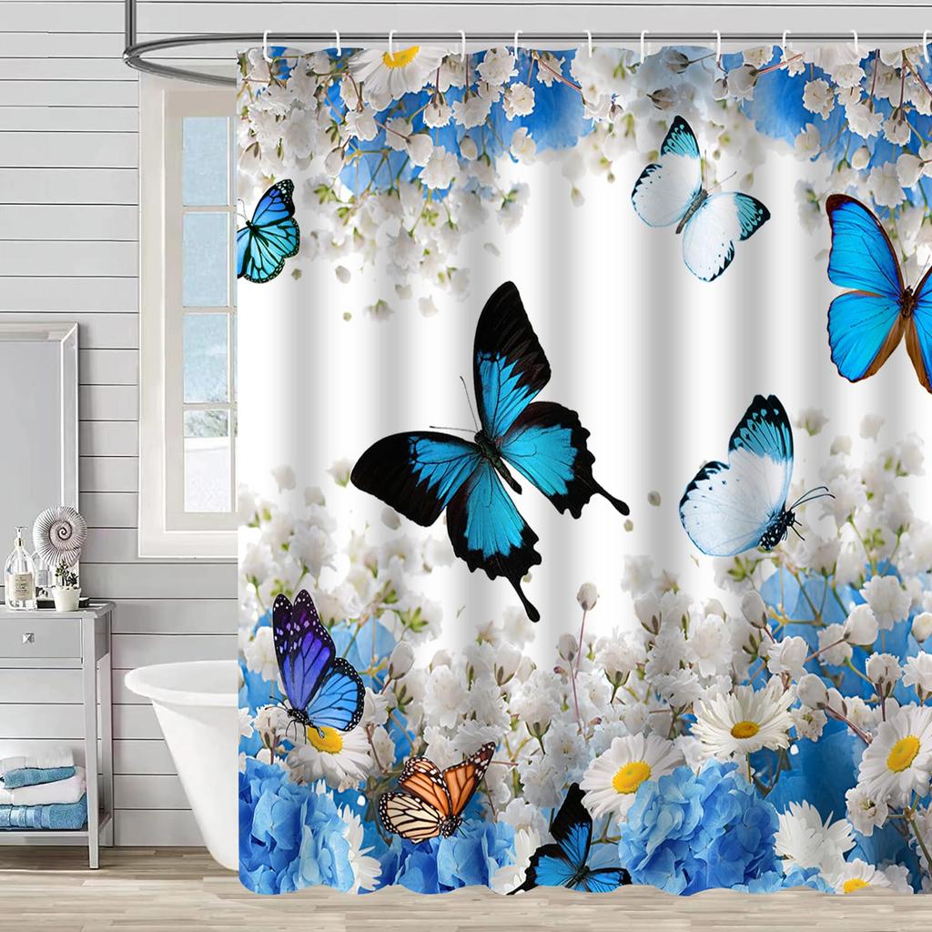 Floral Shower Curtains for Bathroom, Spring Flower Butterfly Bathroom Decor with Hooks, Washable Polyester Fabric Shower Curtain