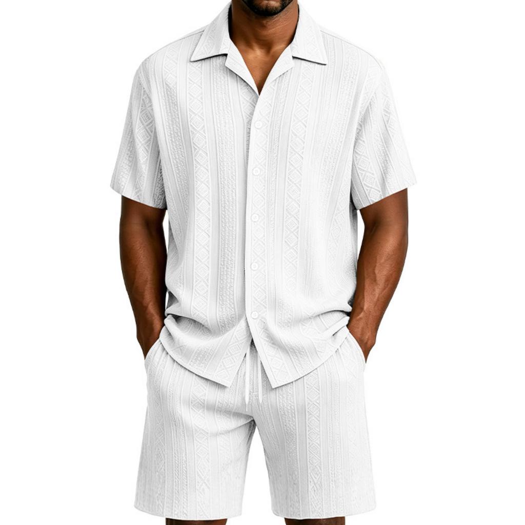 Completo Casual da Uomo a Maniche Corte con Bottoni e Pantaloncini Leggero Traspirante Due Pezzi Adatto per Attività Estive all'Aperto e Tempo Libero
