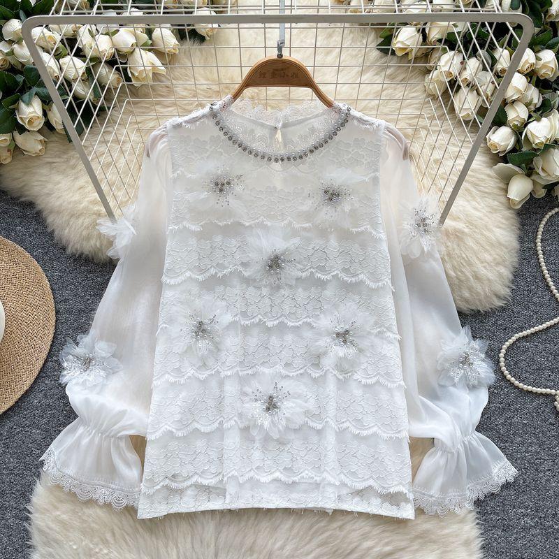 High-Grade Heavy Industry Beads Diamond-Embedded Three-Dimensional Flowers Lace Stitching Long sleeve Shirts Women Western Style All-Matching Top