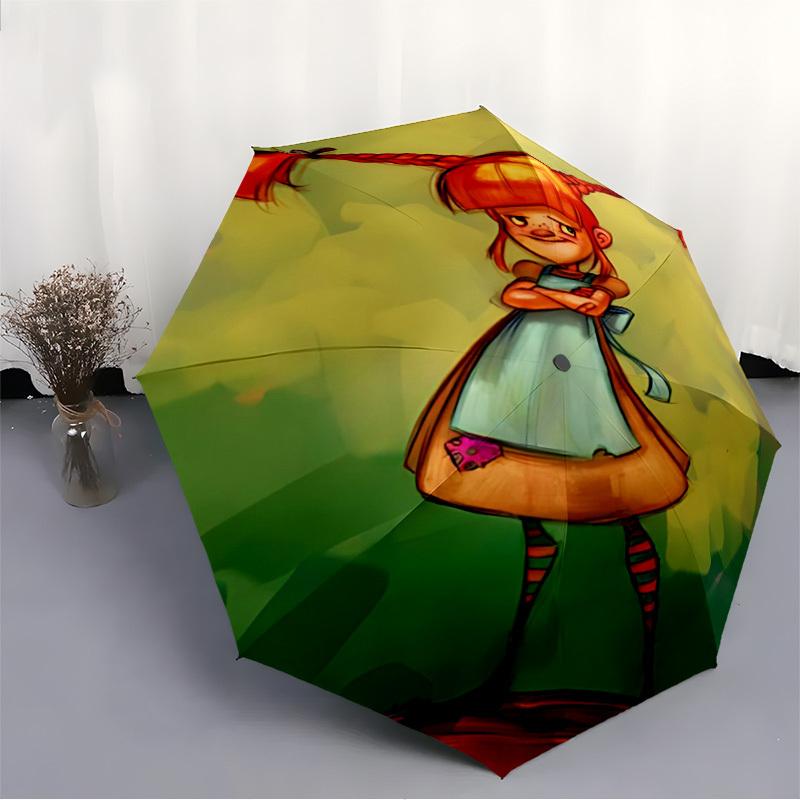 1PC Pippi Longstocking Automatic Folding Umbrella - Compact 8-Rib Design, Durable Plastic & Iron,  F010619