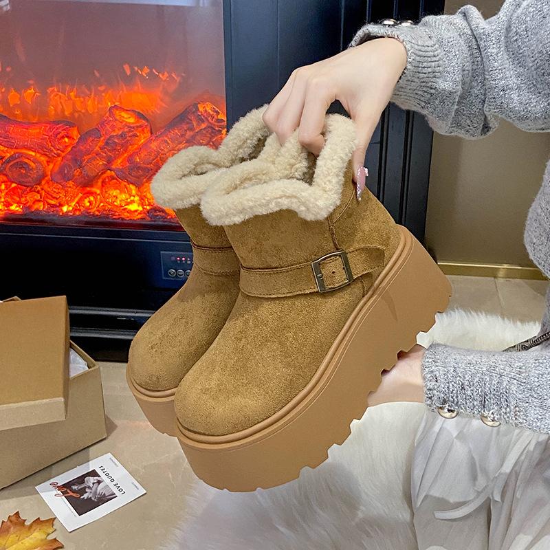 Women's Fashion Retro Lightweight Height-enhancing Soft Sole Winter Warm Fur One Snow Boots Velvet Lined Non-slip Casual Sports Cotton Boots