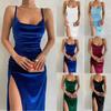 Women's Spring Summer Sexy Velvet Spaghetti Strap Maxi Dress, Slim Fit High Slit Cowl Neck Evening Party Formal Cocktail Gown