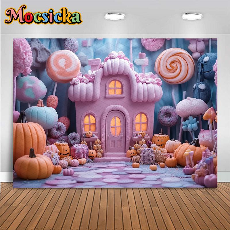 Mocsicka Halloween Photography Background House Candy Balloons Castle Decorations Holiday Festival Autumn Pumpkin Party Backdrop