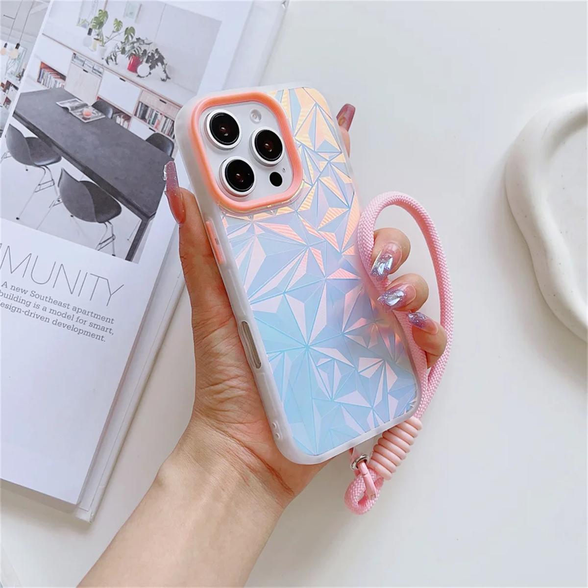 

Роскошный чехол-ремешок Aurora Diamond для iPhone 16 15 14 13 Pro Max 12 11 16 Plus с лазерным цветным ремешком на запястье, противоударный чехол iPhone 13 розовый