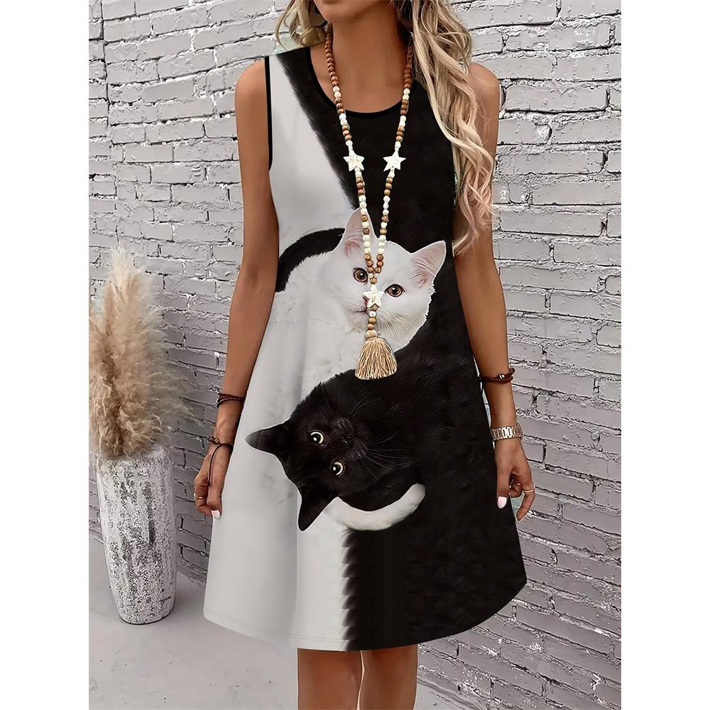 Summer Women's Fashion Cat-Print Dress Sleeveless 3D Animal Print Streetwear Hip-Hop Style Casual Dress Plus Size Dress