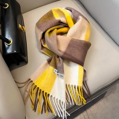 British Pure Wool Scarf Men's and Women's Winter New Classic Yellow Large Plaid Fringed Cashmere Warm Scarf Gift