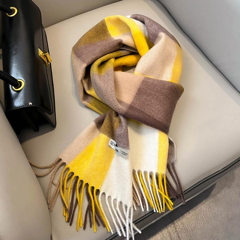 British Pure Wool Scarf Men's and Women's Winter New Classic Yellow Large Plaid Fringed Cashmere Warm Scarf Gift