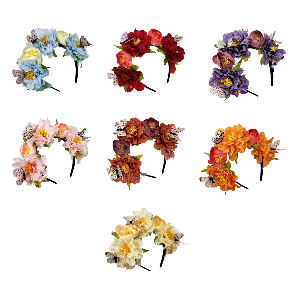 Fabric Flower Headband for Music Festival with Butterfly Decors Music Festival Accessory Hairhoop Wedding Bride Headwear