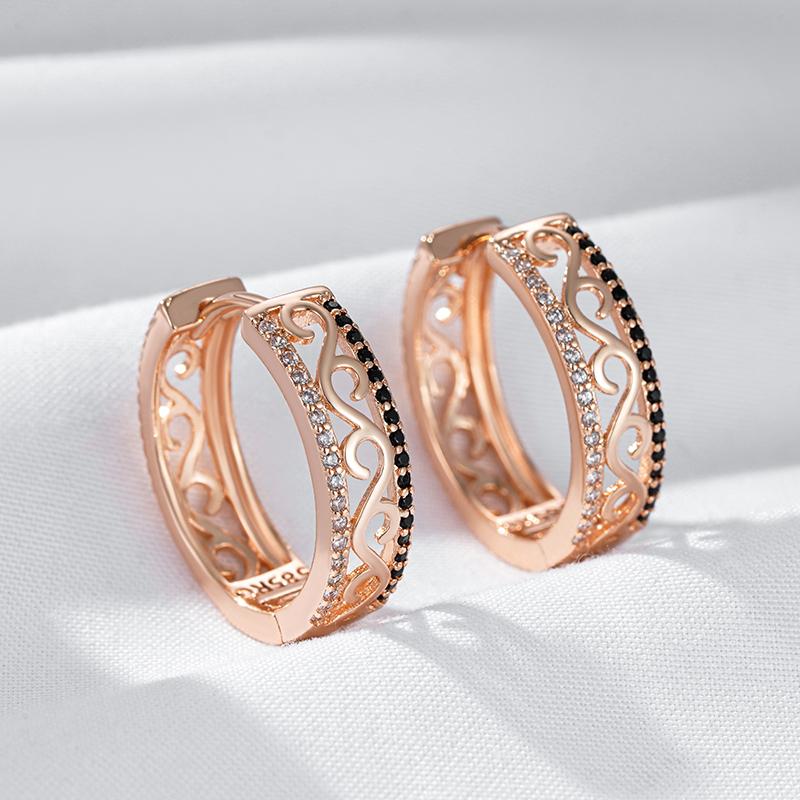 Unusual  Rose Gold Color Big Hoop Earrings For Women Shiny Black Natural Zircon Accessories Daily Fine Vintage Jewelry