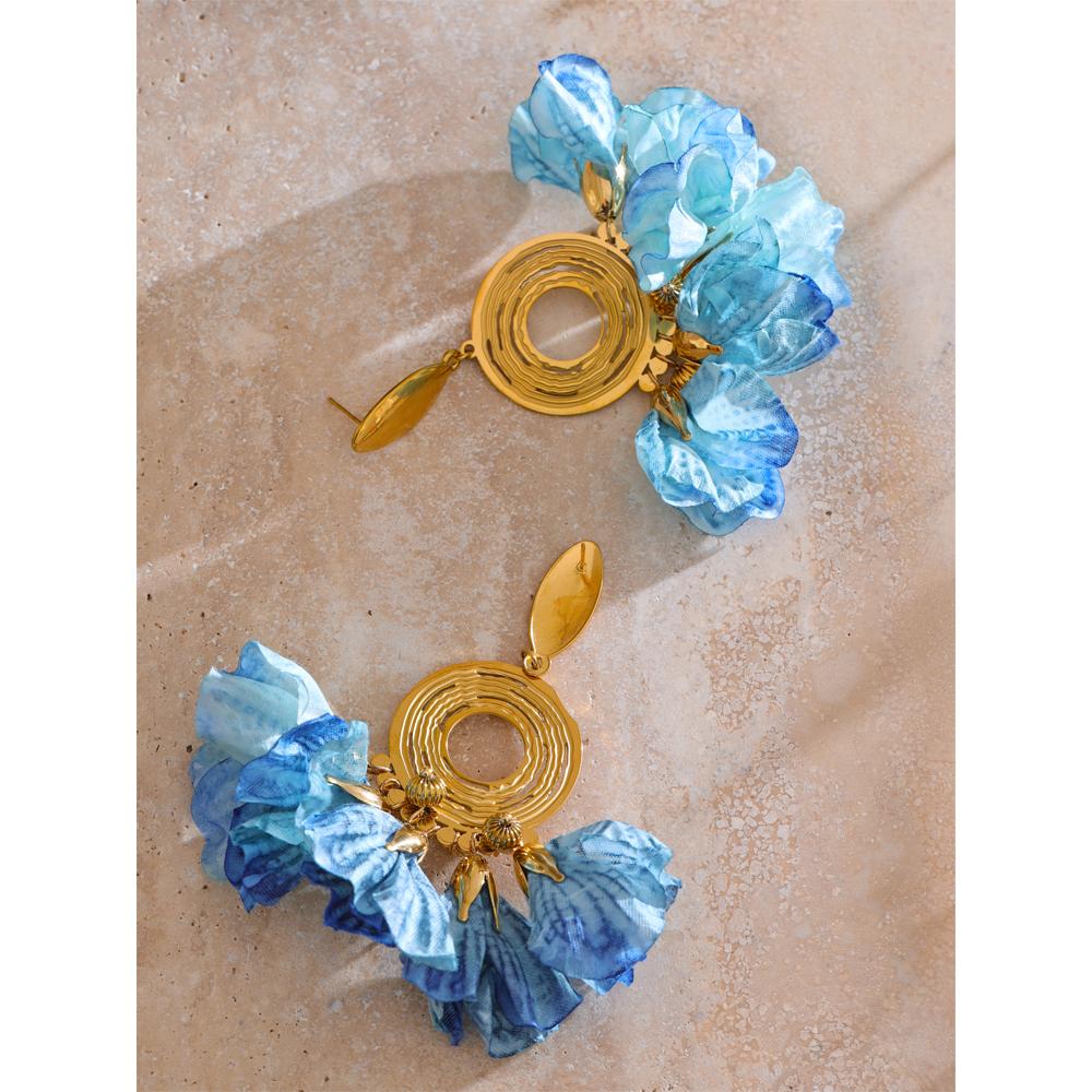 Eetit Spring Summer Fashion Bohemian Blue Cloth Flower Drop Earrings Exclusive Stainless Steel Handmade Fairy Jewelry