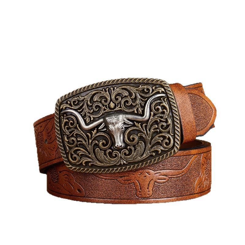 Men's Western Retro Cowboy Belt with Large Buckle - Trendy Street Style Waistband