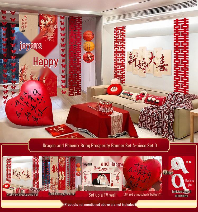 Double Happiness Wedding Room Cloth Banner Set for Ceremony and Hotel Décor