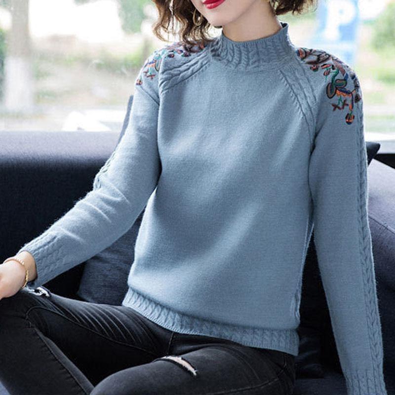 Bestickte Blumen Halber Stehkragen Pullover Damen Herbst Winter Dick Warm Gestrickter Pullover Slim Gerippt Weiche Oberteile