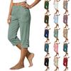Pantaloni da Donna a Gamba Dritta Corti, Vestibilità Larga, in Lino e Cotone, con Tasche Laterali e Fondo Spaccato con Bottone, per Uso Casual
